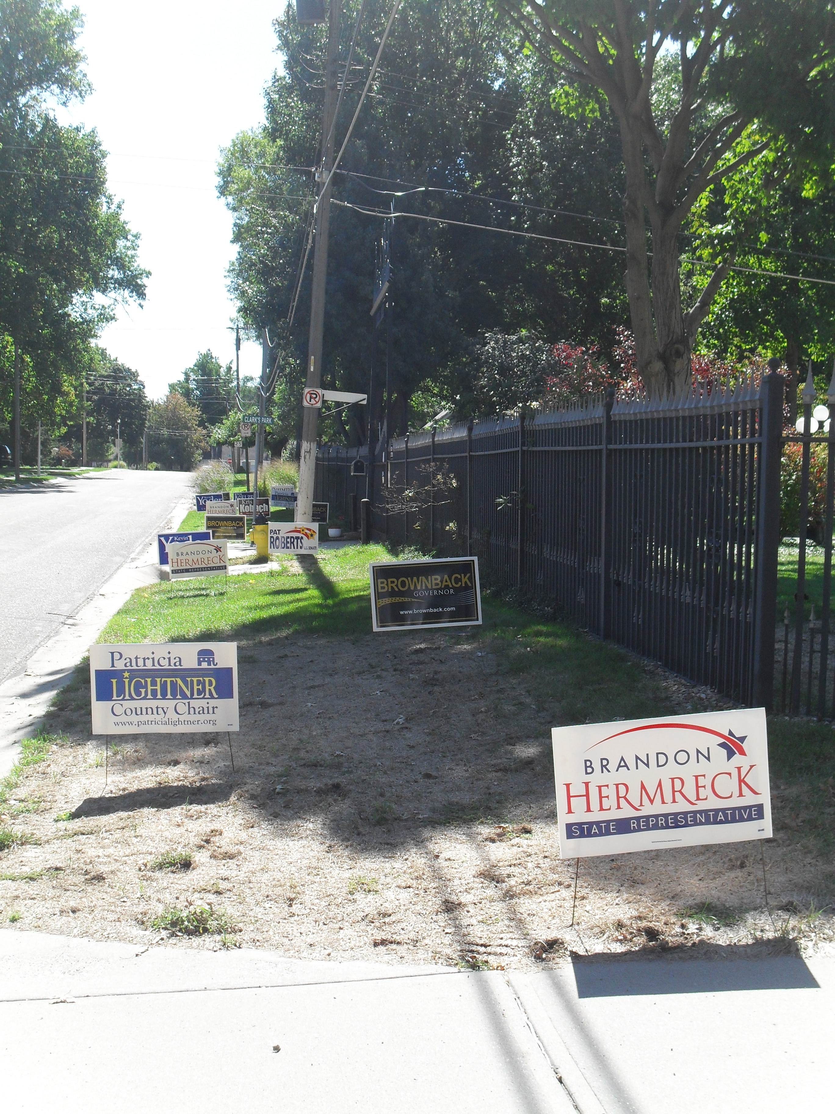 Republican yard signs bloom in the fall in northeast Johnson County, Kansas.